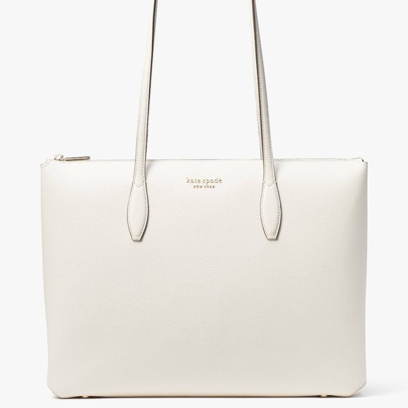 New Kate Spade All Day Large Zip-Top Tote Crossgrain Leather Parchment - Picture 2 of 5